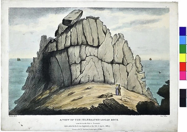 View of the celebrated Logan Rock near the Land's End in Cornwall taken after the Rock was displaced on the 8th April 1824, 1824 (hand coloured litho on paper)