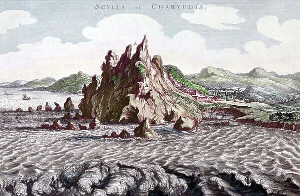 View of Charybde and Scylla in the Detroit of Messina between Italy and Sicily (Scylla and Charybdis (Kharybdis) in the strait of Messina, Sicily, Italy) Engraving after 'Mundus Subterraneus' by Athanasius Kircher (1601-1680), Jesuite
