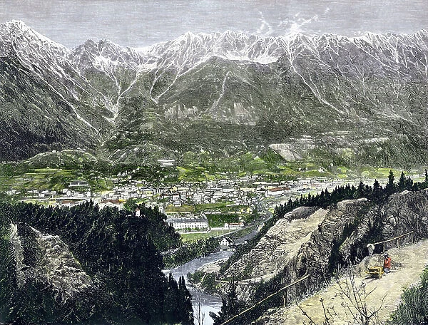 View of the city of Innsbruck, Austria in the Tyrolean Alps, 19th century. Colour engraving of the 19th century