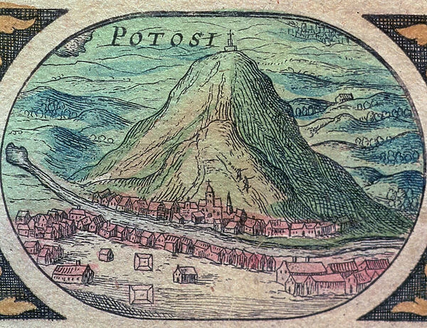 View of the city of Potosi, Bolivia, with its famous hill renowned for its mineral deposits, especially silver and tin, from the Nouvel Atlas, 1643 (engraving)