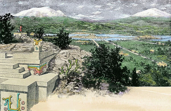 View of the city of Tenochtitlan (or Mexico Tenochtitlan), as it was on the island located on Lake Texoco, when it was the capital of the Aztec Empire, before 1521 - Colorized engraving, 19th century - Tenochtitlan, Mexico City