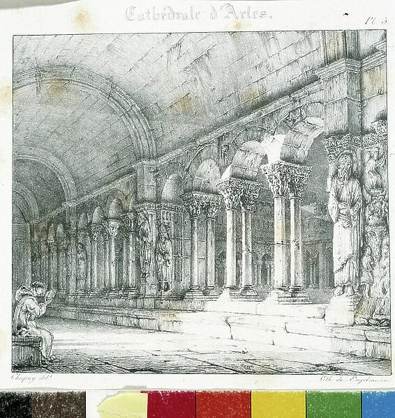 View of the cloister of the Cathedrale d'Arles. Plate taken from ' Middle Ages picturesque', 19th century lithography, Musee Arbaud, Aix en Provence