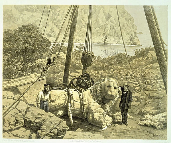 View of a colossal lion being raised, from A History of Discoveries at Helicarnassus