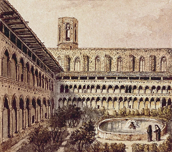 View of the Gothic cloister of the Monastery of Santa Maria de Pedralbe founded at the beginning of the 14th century by Elisenda de Montcada in Barcelona (drawing)