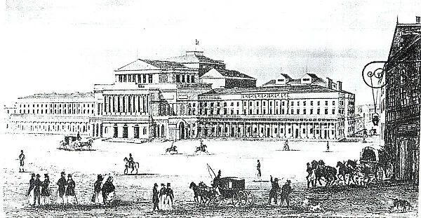 View of the Grand Theatre, Warsaw, engraved by Adam Pilinski (1810-87) (engraving)