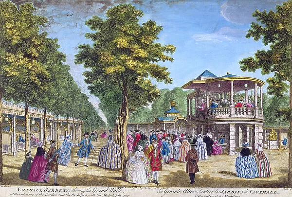 View of the Grand Walk at the entrance of Vauxhall Pleasure Gardens with the orchestra