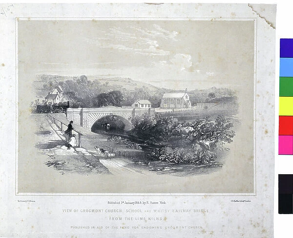 View of Grosmont Church, School and Whitby Railway Bridge from the Lime Kilns, 1848 (hand coloured litho on paper)