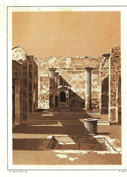 View of the House of the Tragic Poet, Pompeii VI.8.5. Showing the tablinum, impluvium (pool), well, peristyle (garden courtyard) and aedicula lararium (shrine). Chromolithograph and illustration by G