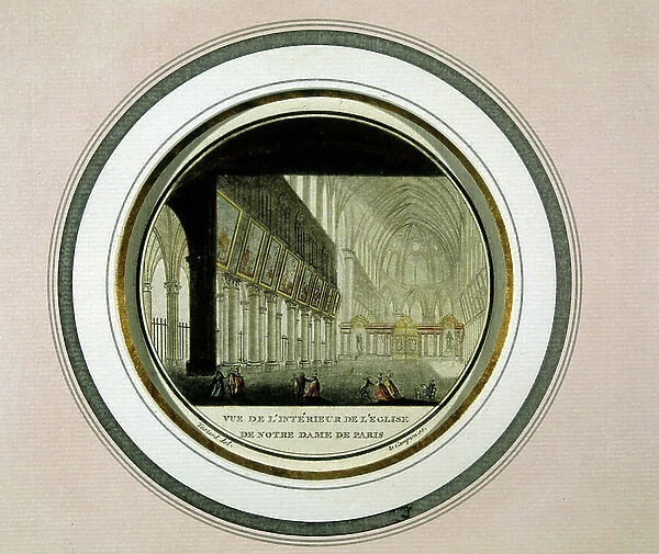 View of the interior of the church of Notre-Dame de Paris, engraving 18th century