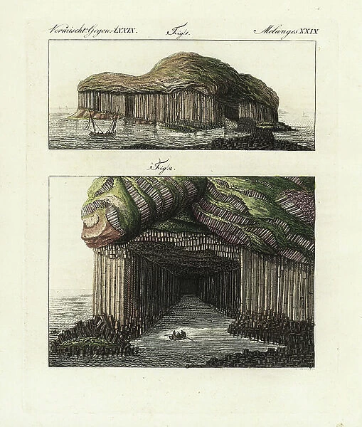 View of the isle of Staffa 1, and basalt columns at the entrance to Fingal's cave 2. Handcoloured copperplate engraving from Bertuch's ' Bilderbuch fur Kinder' (Picture Book for Children), Weimar, 1798