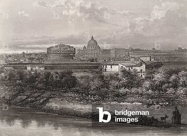 View of Italy: St. Peter and Fort Sant'Angelo in Rome. Etching by WEBER, 19th century after the Daguerrian photographic excursions. In ' Most Remarkable Views and Monuments of the Universe'. Private collection