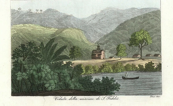 View of the Jesuit mission at St. Fidelis on the Paraiba river, Brazil. Handcoloured copperplate engraving by Nasi from Giulio Ferrrario's Costumes Antique and Modern of All Peoples (Il Costume Antico e Moderno di Tutti i i Popoli), Florence, 1842