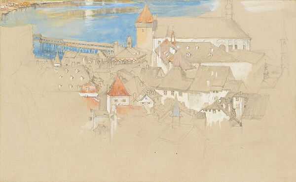 View of Luzern from above, 1861 or 1866 (w  /  c and bodycolour over graphite on pale brown