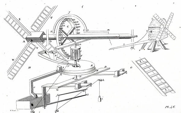 View of the machinery of a wind powered flour mill