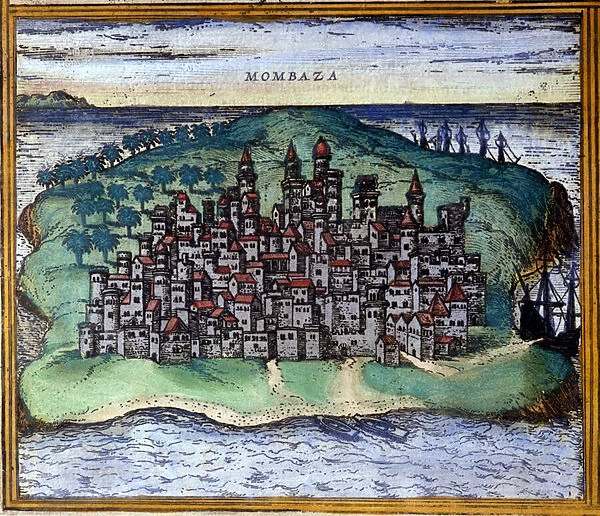 View of Mombasa or Mombassa, Kenya in the 16th century, when the city was occupied by