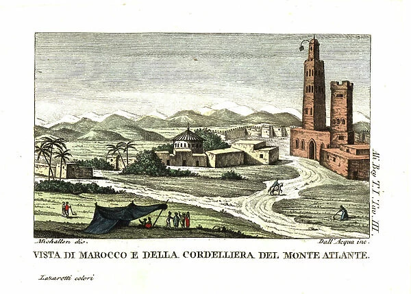 View of Morocco and the cordillera of the Atlas mountains. Illustration by Michallon from (Domingo Badia y Leblich, 1767-1818) Ali Bey el Abbassi's Travels in Morocco, Tripoli, Cyprus, Egypt, Arabia, Syria and Turkey, London 1816