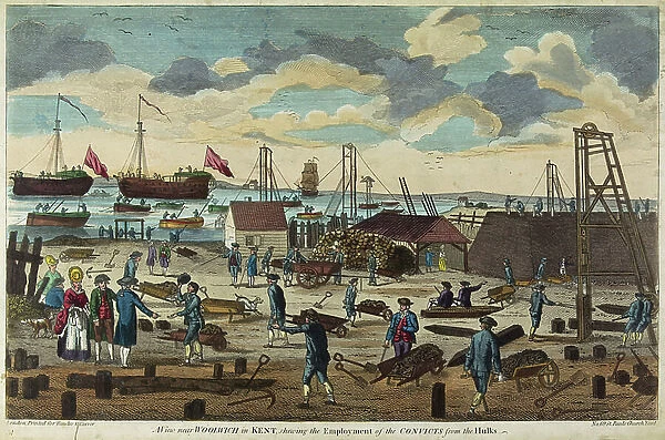 View near Woolwich, Kent, England, depicting the use of forces to build pontoons (disarmed vessels used as floating prisons)
