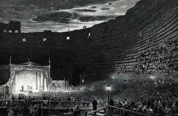 View of a show organized in the arena (amphitheatre or arena) of Verona, Italy 19th century (View of Verona Arena during a summer representation 19th century) Engraving of the 19th century Private Collection