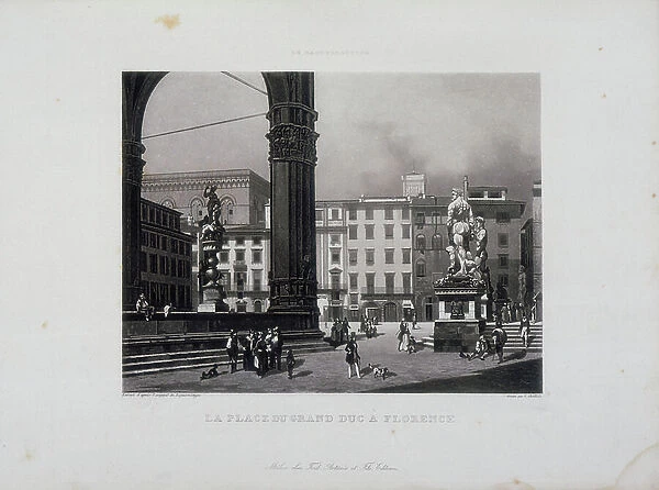 View of Piazza della Signoria in Florence, engraving from a daguerreotype, Ferdinando Artaria et Fils Editeurs, work preserved in the Fratelli Alinari Museum of Photographic History, Florence