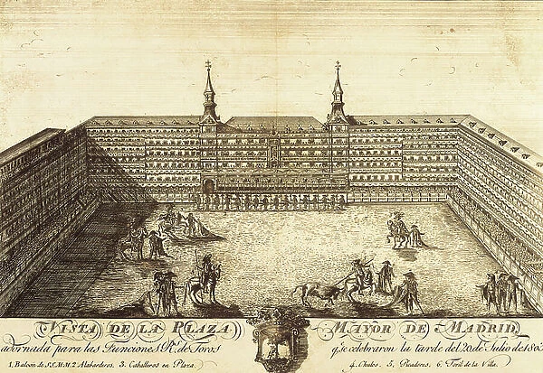 View of the Plaza Mayor of Madrid adorned for the royal bullfighting celebrated the afternoon of 20 of July of 1803 (engraving)