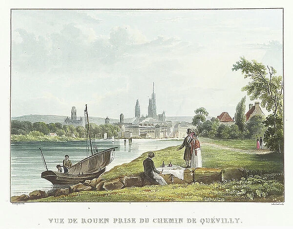 View of Rouen taken from the Quevilly road (France). Lithography (34.7x51.7 cm) by Richard Parkes Bonigton (1802-1828), early 19th century