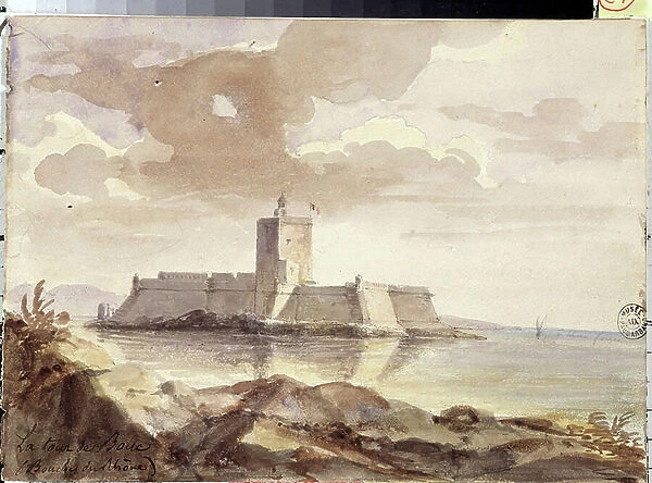 View of the square tower of the fort of Port de bouc (Port-de-Bouc) (Bouches du Rhone) Watercolour of the 18th century Musee Arbaud, Aix en provence