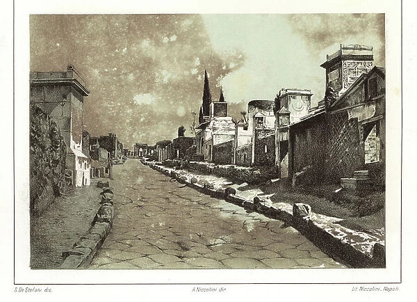 View of the Street of Tombs outside the Herculaneum Gate, Pompeii. Chromolithograph after an illustration by S. De Stefani from Antonio Niccolinios Pompeii: Views and Restorations (Pompeii: Essaies et Restorations), published by Niccolini, Naples