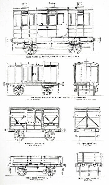 View of various styles of locomotive carriages and wagons