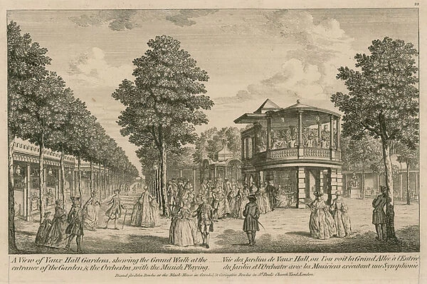 A view of the Vauxhall Gardens, London, showing the grand walk at the entrance of the Garden and the Orchestra with the music playing (engraving)