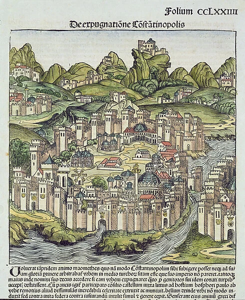 View of the walled city of Constantinople, from the Nuremberg Chronicle by Hartmann