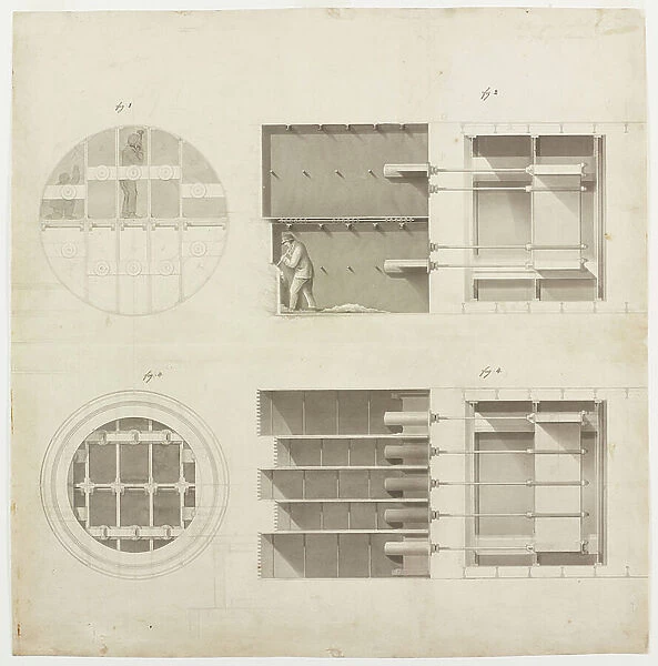 Four views of the Tunnelling Shield, c. 1818-39 (grisaille watercolour on paper)