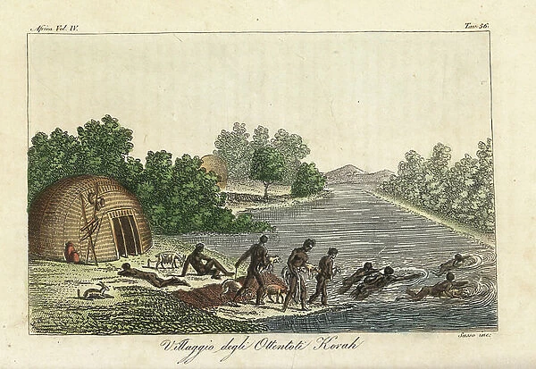 Village of the Khoikhoi (Hottentots) of Korah, hut on the Orange River, South Africa, men swimming with dogs. Handcoloured copperplate engraving by Antonio Sasso from Giulio Ferrario's Ancient and Modern Costumes of all the Peoples of the World