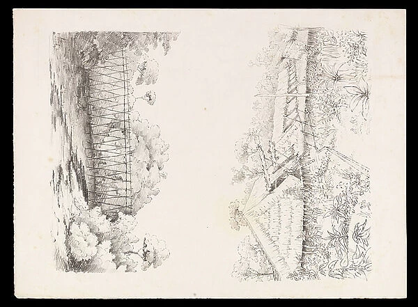 Village of the Stang tribe, Sarawak, Borneo; and a bridge of poles over a river from West Indies, North American and Borneo scrapbook, c.1845 (lithograph)
