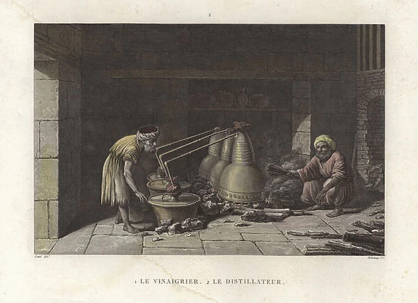 The vinegar maker tending to his stills (colour engraving)