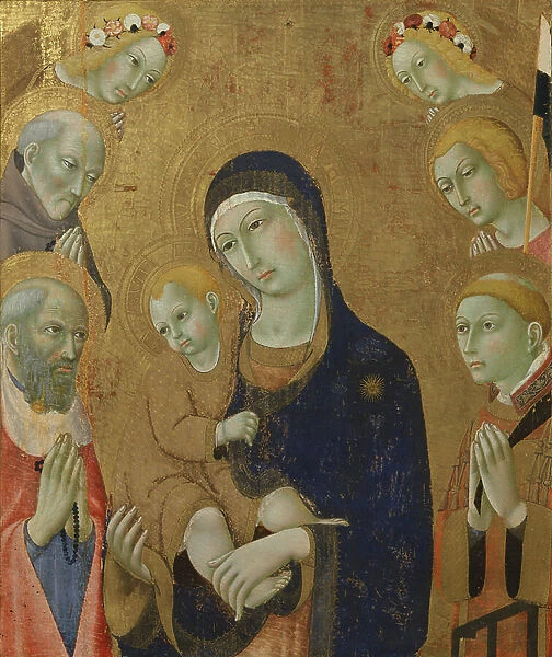 Virgin and Child, angels and saints (painting on wood)