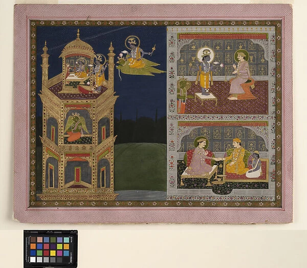 Vishnu approaches a golden tower on Garuda, c. 1825 (opaque w  /  c and gold on paper)