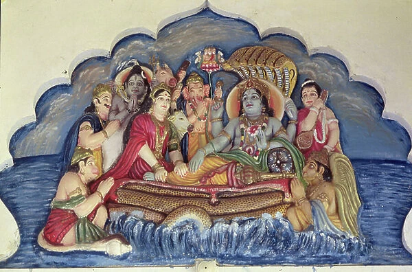 Vishnu Narayana, floating on Sheshanaga (painted relief)
