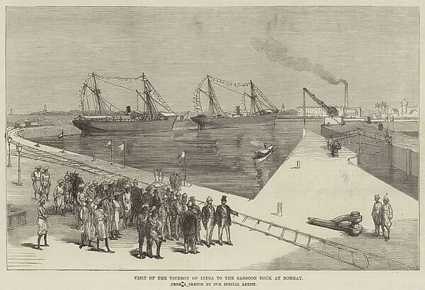 Visit of the Viceroy of India to the Sassoon Dock at Bombay (engraving)
