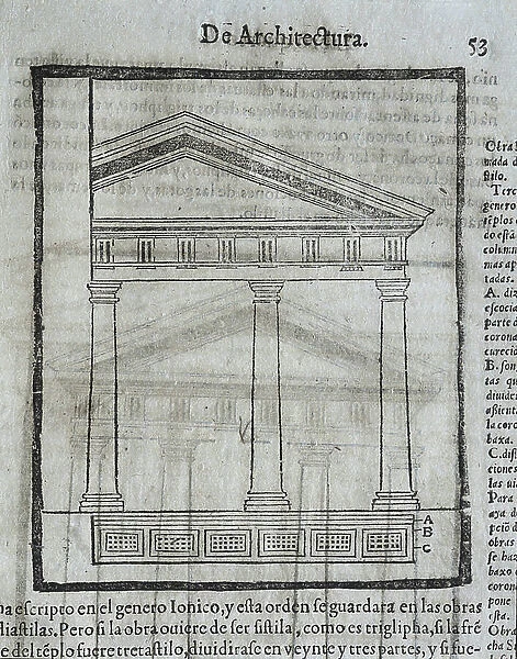 VITRUVIUS, Marcus Vitrubius Pollio (1th century BC). ' De Architectura' (On Architecture), with translation into Spanish by Miguel de Urrea. Edited in Alcala de Henares by Juan Gracian (1582). Illustration of page 53. Xylography. SPAIN
