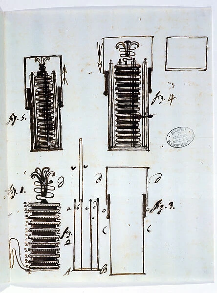 The Voltaic pile (battery). Drawing from a letter of Alessandro Volta (1745-1827