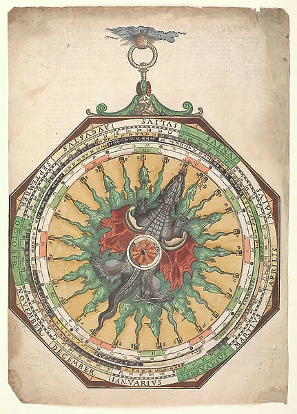 Volvelle giving the rules for predicting solar and lunar eclipses. One of the volvelles features a dragon with multiple heads and a partial solar eclipse, 1540 (hand-coloured engraving)