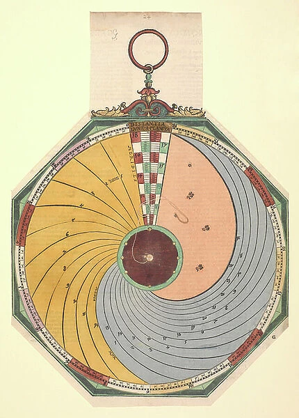 Volvelle to show how to find the time, in hours and minutes, in which the Moon reaches one of its aspects. The disc is fixed and is read by a wire in the centre, 1504 (hand-coloured engraving)