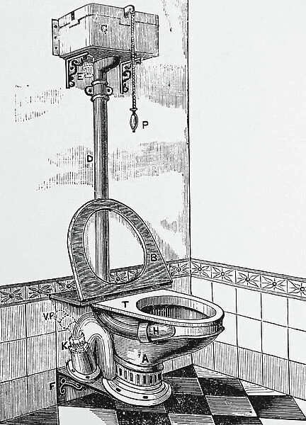 Vortex flushing pedestal WC with diphon tank above, 1850