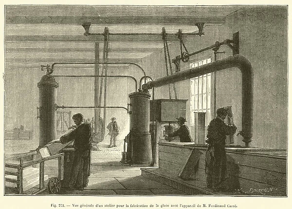 Vue generale d un atelier pour la fabrication de la glace avec l appareil de M Ferdinand Carre (engraving)