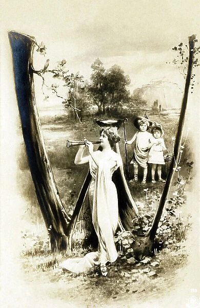 W: Letter W vegetal - Woman playing flute, two children in Greek dress and wearing spartan feet - Art Nouveau Alphabet - Fashion 1904, early 20th century (postcard)