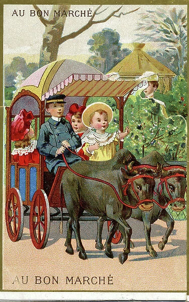 Walk in a carriage pulled by oxen. Chromolithography from the end of the 19th century