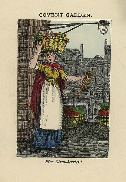 A walking saleswoman holding a paper cone filled with strawberries and carrying a basket of fruit on her head, in front of the fruit and vegetable market in Covent Garden (London)