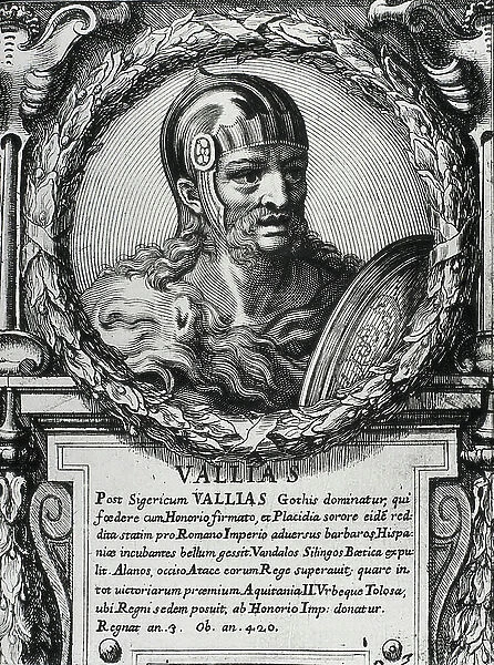 WALLIA (end (4th century-418). Visigothic King of Hispania (639-642). Successor of Sigeric. He expelled by order of the roman emperor Honorius the Vandals and Alans from Hispania. 18th century engraving. Litography