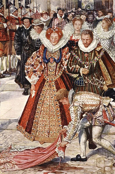 Walter Raleigh throwing his cloak down for Queen Elizabeth