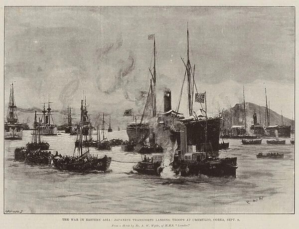 The War in Eastern Asia, Japanese Transports landing Troops at Chemulpo, Corea, 9 September (litho)